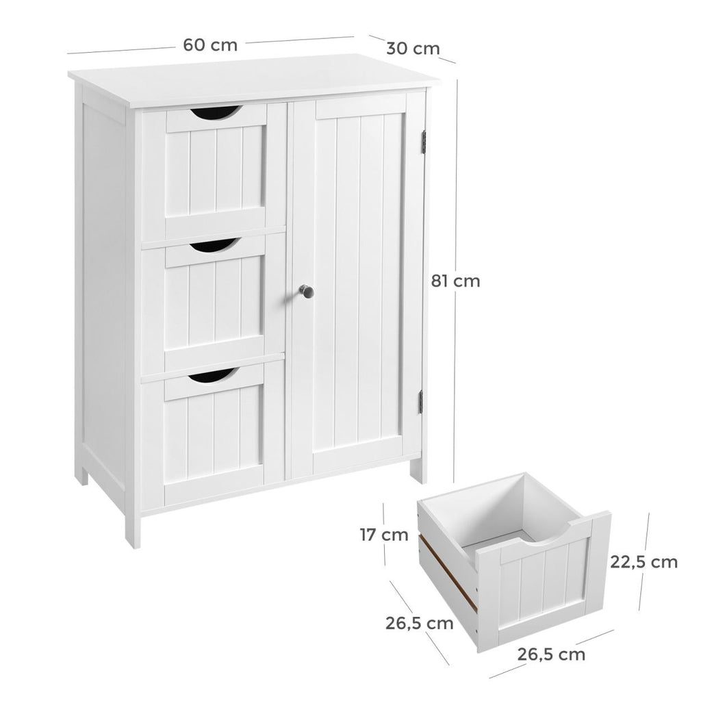 VASAGLE Fürdőszoba szekrény, ajtós, 3 fiókos szekrény, fehér 60x30x81cm – 6. kép