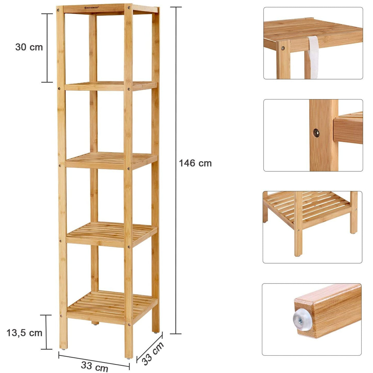 SONGMICS Bambusz polc fürdőszobába, konyhába, 5 szintes 33x33x146cm – 3. kép