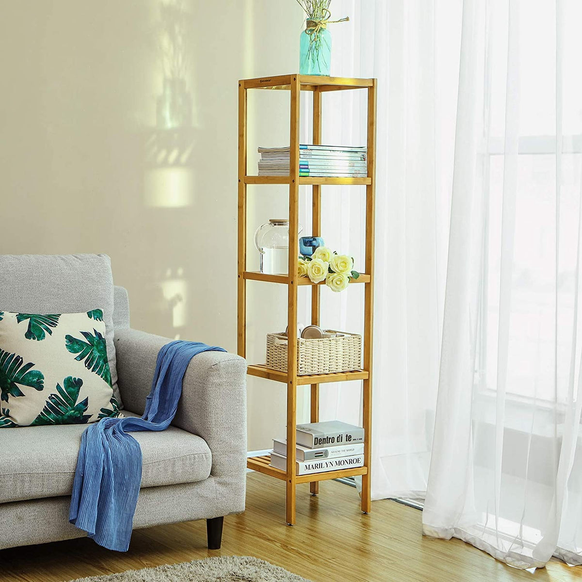SONGMICS Bambusz polc fürdőszobába, konyhába, 5 szintes 33x33x146cm – 4. kép