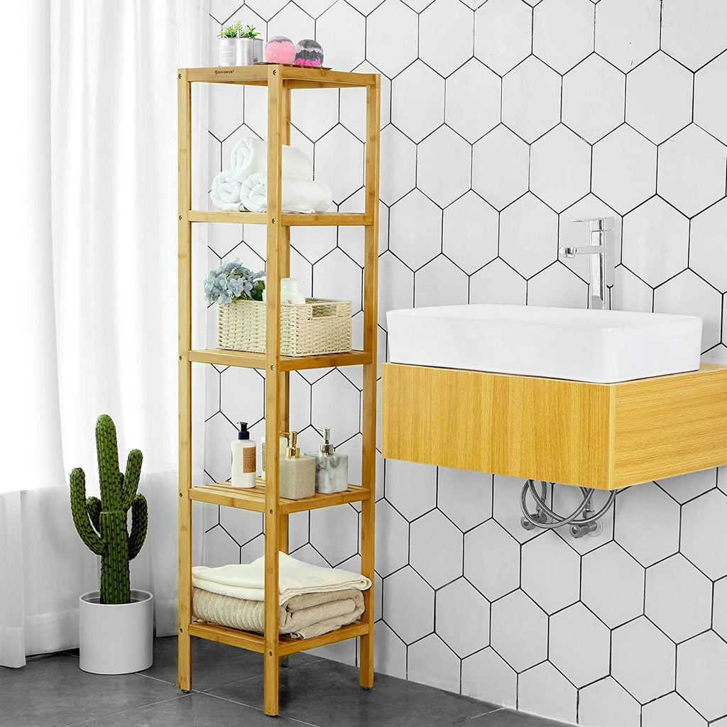 SONGMICS Bambusz polc fürdőszobába, konyhába, 5 szintes 33x33x146cm – 5. kép
