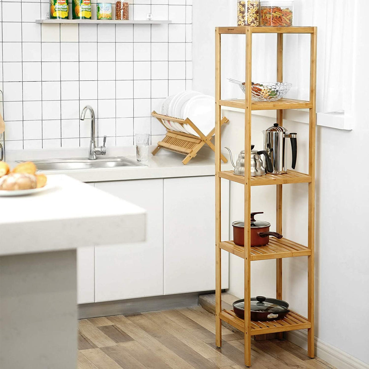 SONGMICS Bambusz polc fürdőszobába, konyhába, 5 szintes 33x33x146cm – 6. kép