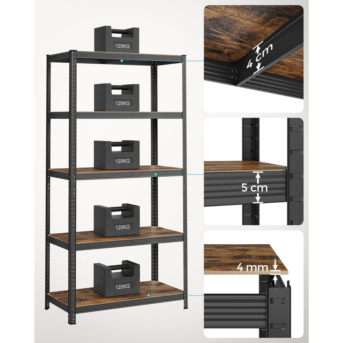 SONGMICS Polcos állvány, 175kg polconkénti teherbírással, fekete 200x100x50cm – 4. kép