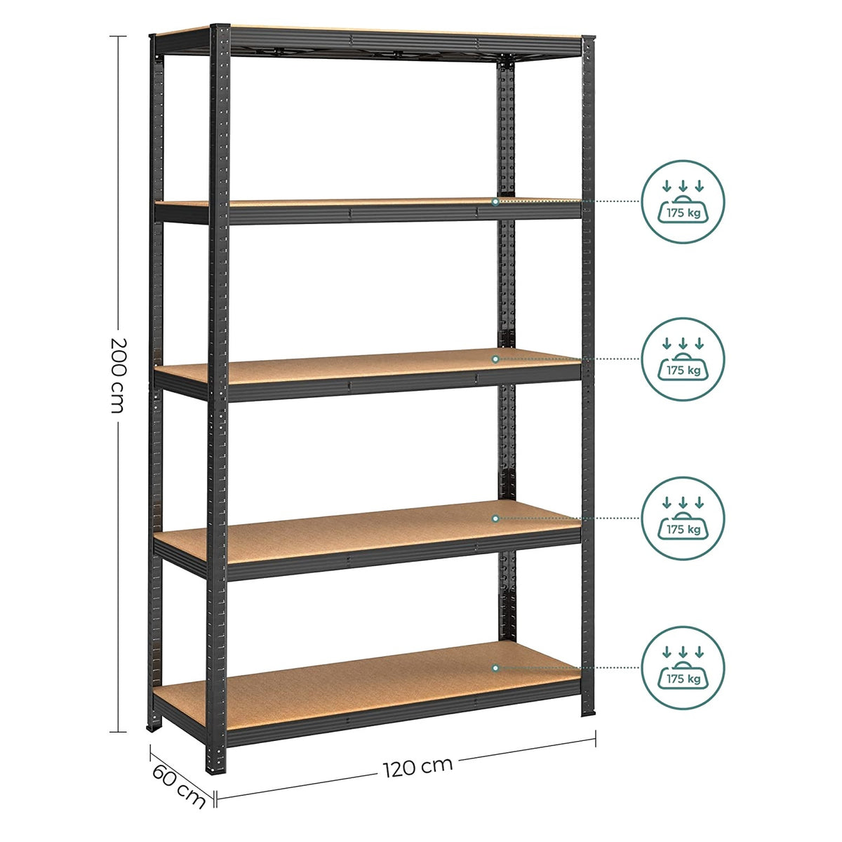 SONGMICS Polcos állvány, 175kg polconkénti teherbírással, fekete 200x120x60cm – 3. kép