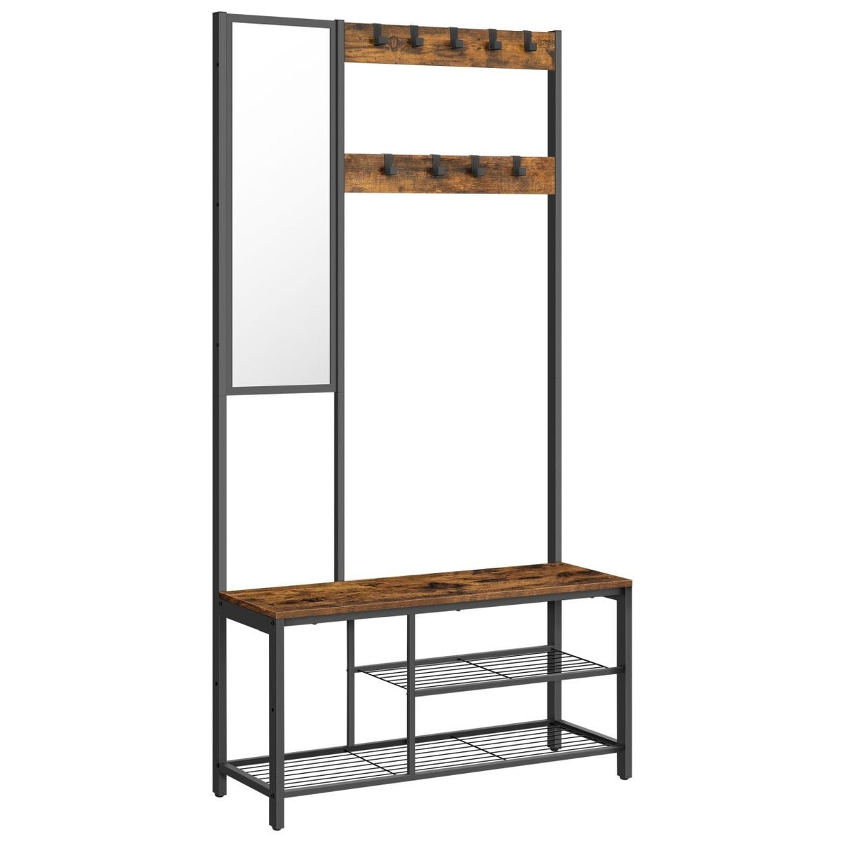 VASAGLE Előszoba fogas polccal, akasztókkal, tükörrel, cipőtartóval és ülőkével, rusztikus barna 98x36x185cm – 1. kép