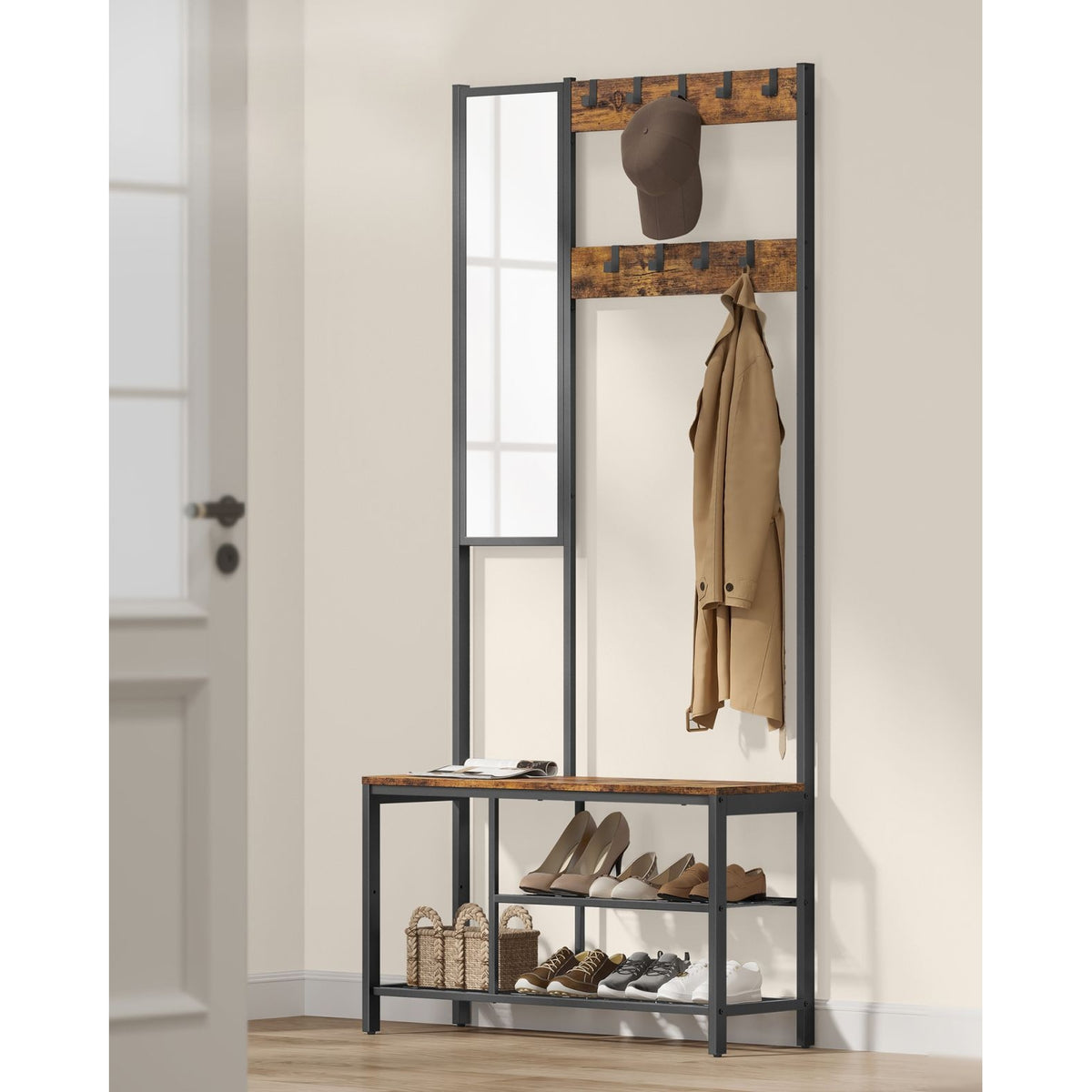 VASAGLE Előszoba fogas polccal, akasztókkal, tükörrel, cipőtartóval és ülőkével, rusztikus barna 98x36x185cm – 10. kép