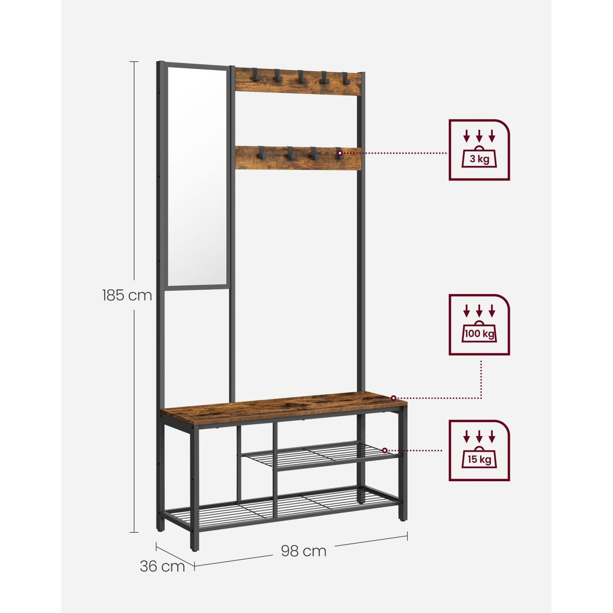 VASAGLE Előszoba fogas polccal, akasztókkal, tükörrel, cipőtartóval és ülőkével, rusztikus barna 98x36x185cm – 3. kép