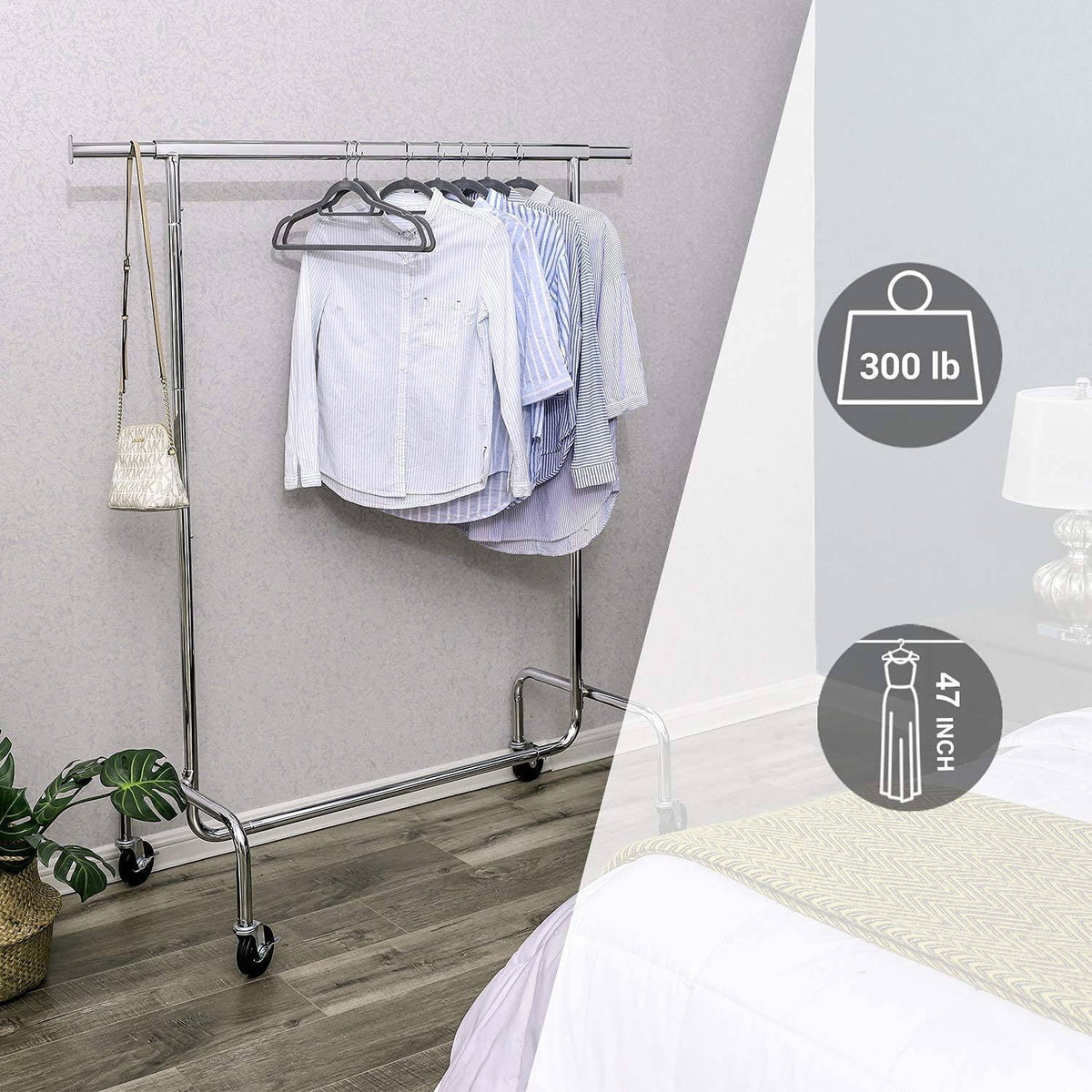 SONGMICS Gurulós ruhaállvány, ezüst 110-150x45x160cm – 8. kép