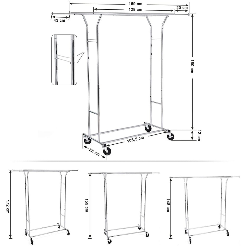 SONGMICS Gurulós ruhaállvány 110kg teherbírással, króm 129-169 cm között állítható – 4. kép