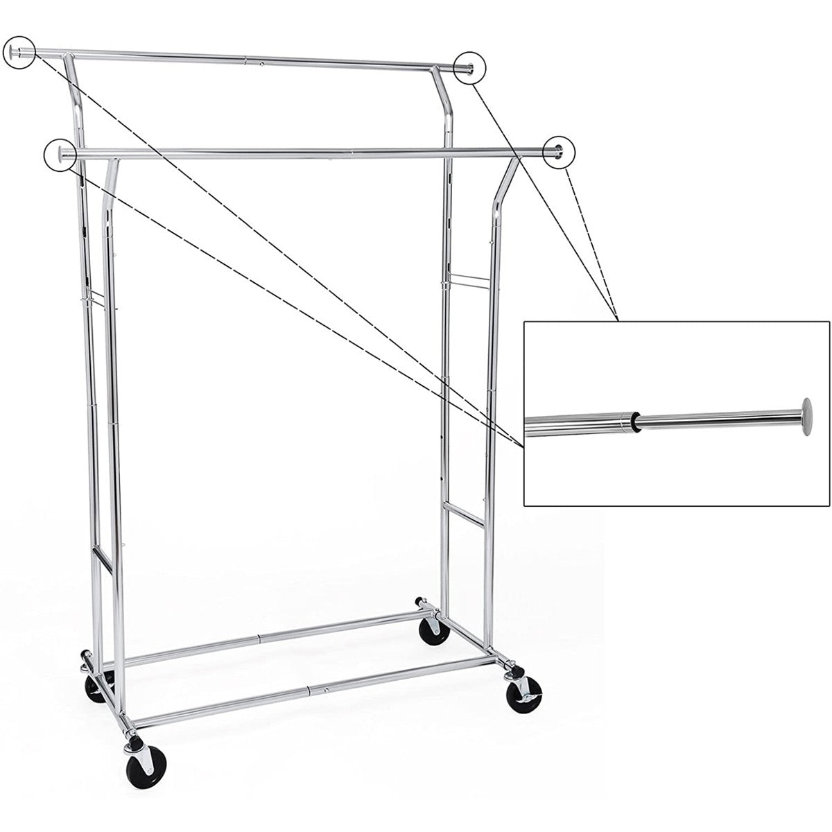 SONGMICS Gurulós ruhaállvány 110kg teherbírással, króm 129-169 cm között állítható – 5. kép