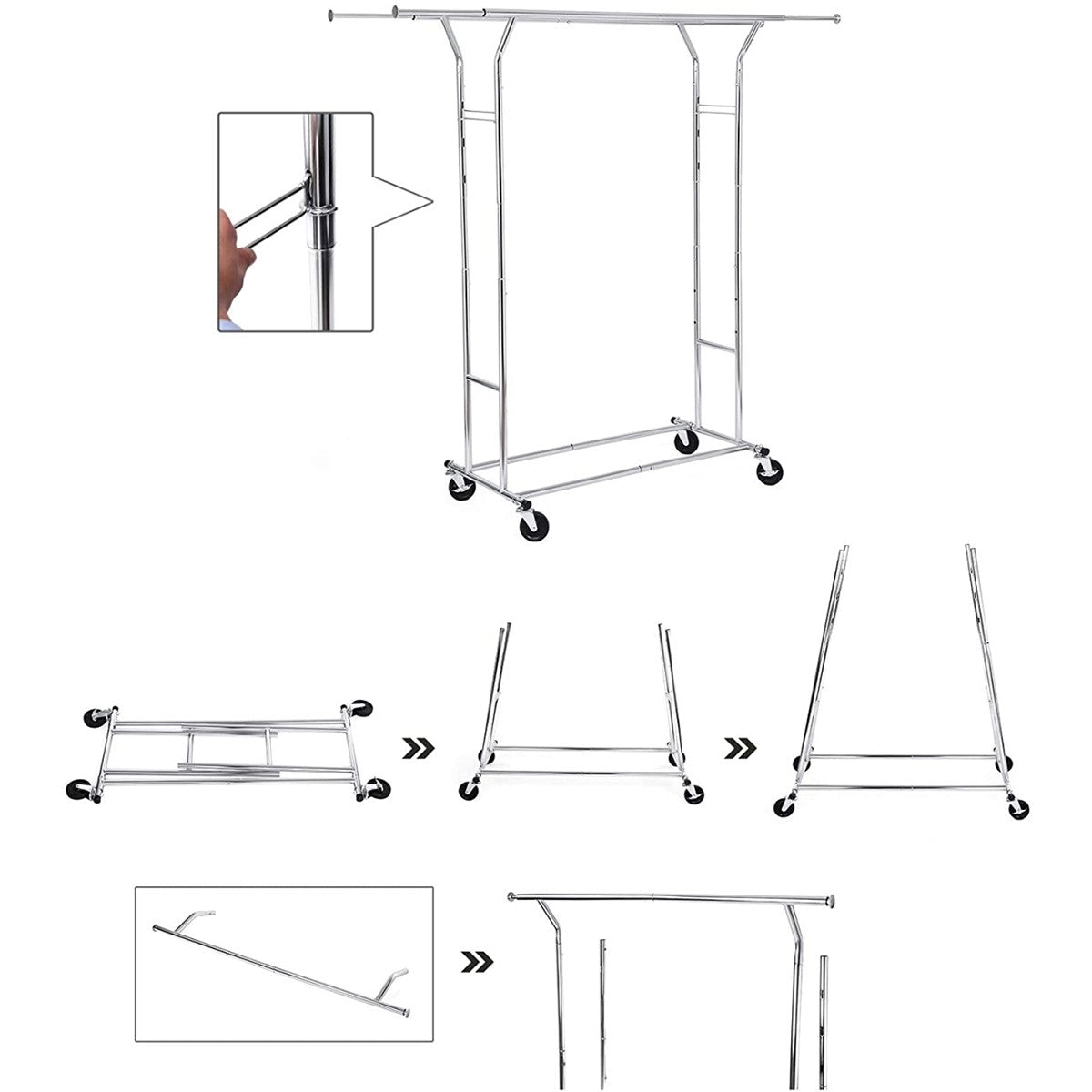 SONGMICS Gurulós ruhaállvány 110kg teherbírással, króm 129-169 cm között állítható – 6. kép