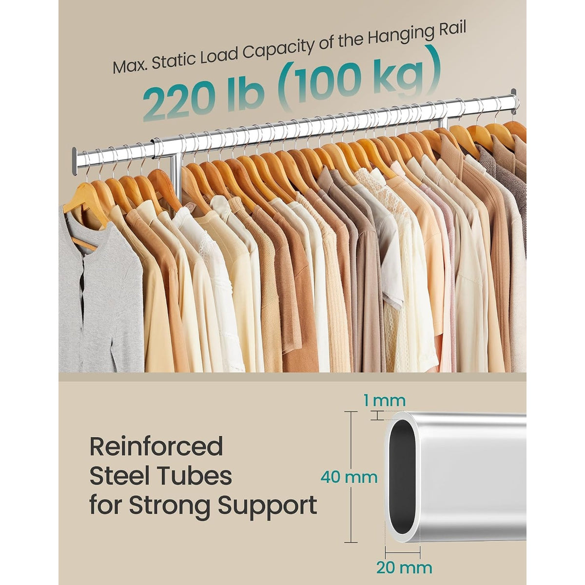 SONGMICS Ruhaállvány gurulós 90kg teherbírású, ezüst – 8. kép