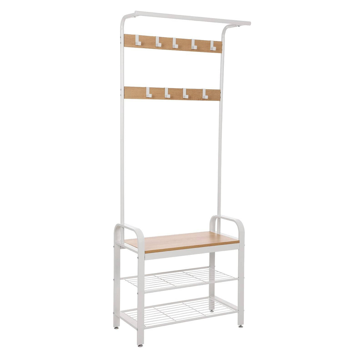 VASAGLE Előszoba fogas polccal, akasztókkal, cipőtartóval és ülőkével, tölgy 183x72x33cm – 2. kép