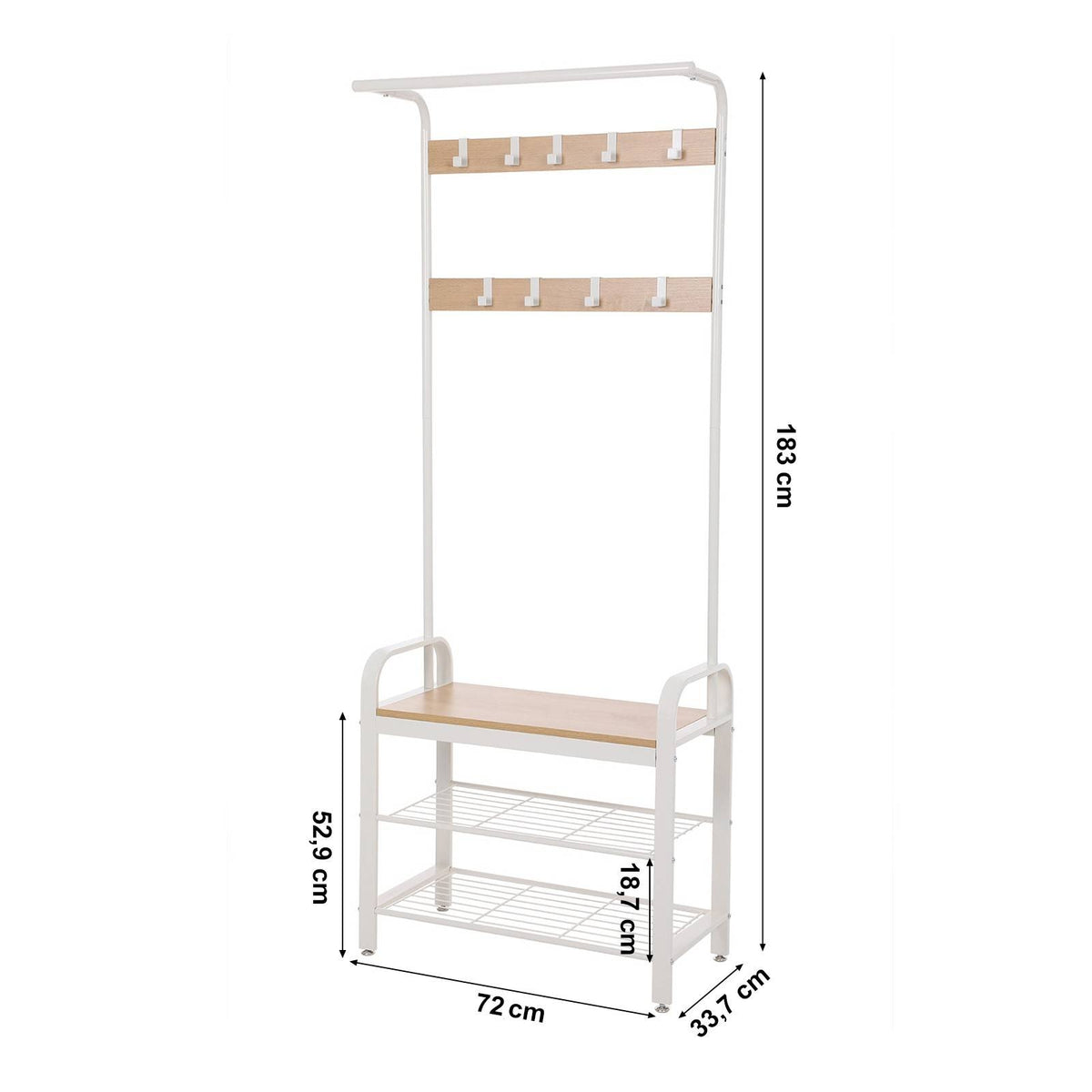VASAGLE Előszoba fogas polccal, akasztókkal, cipőtartóval és ülőkével, tölgy 183x72x33cm – 3. kép