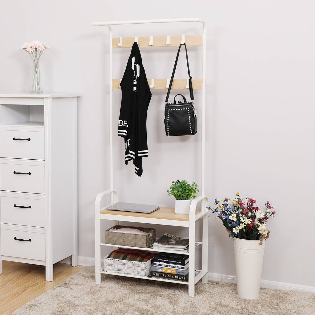 VASAGLE Előszoba fogas polccal, akasztókkal, cipőtartóval és ülőkével, tölgy 183x72x33cm – 4. kép