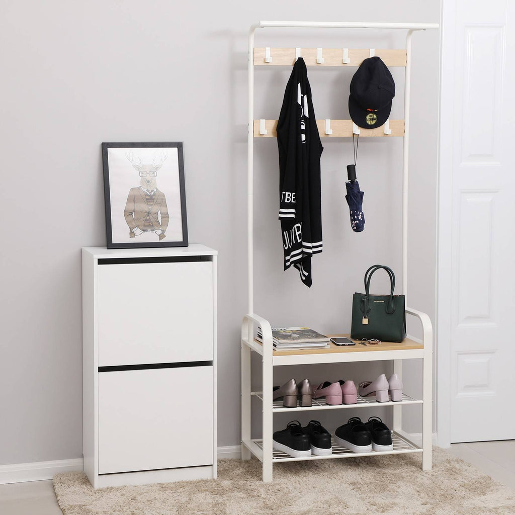 VASAGLE Előszoba fogas polccal, akasztókkal, cipőtartóval és ülőkével, tölgy 183x72x33cm – 6. kép