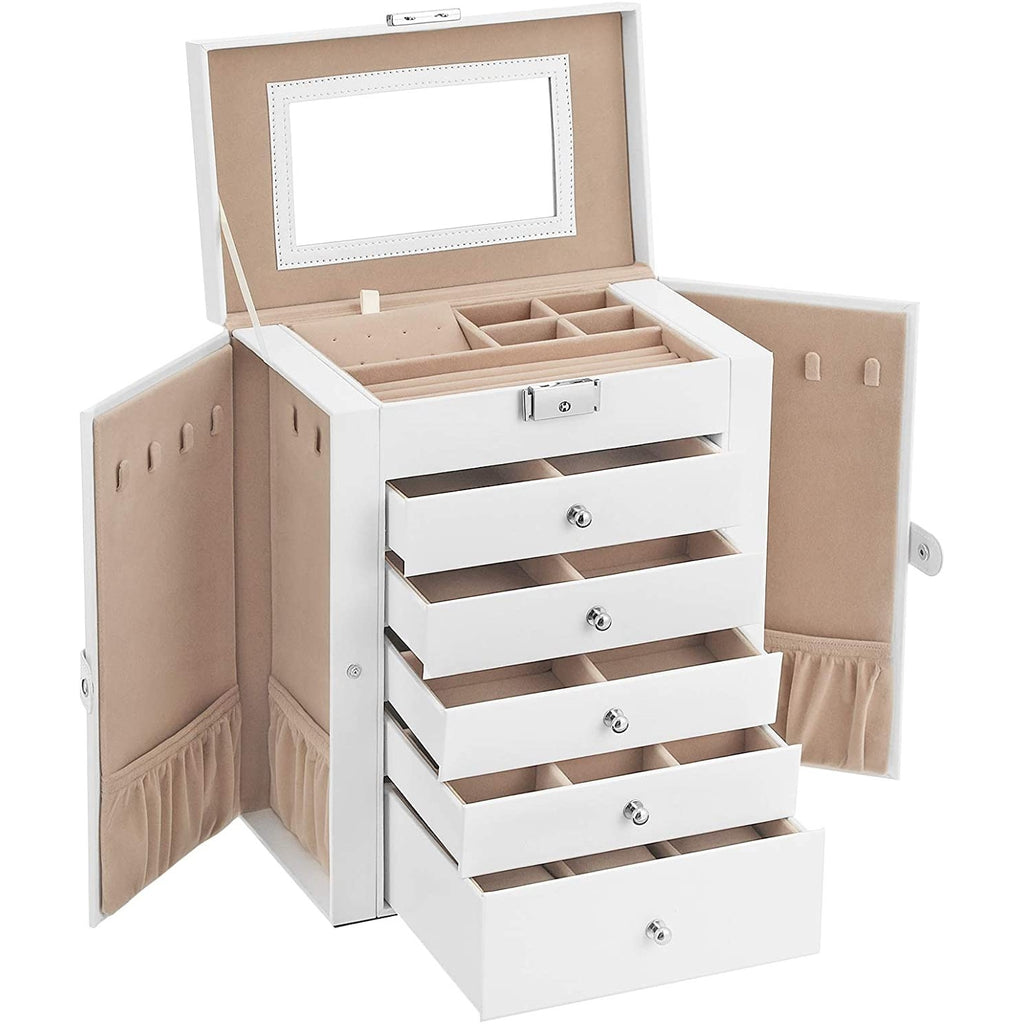 SONGMICS Ékszertartó doboz 5 fiókkal és tükörrel, fehér 26x15x32cm – 1. kép
