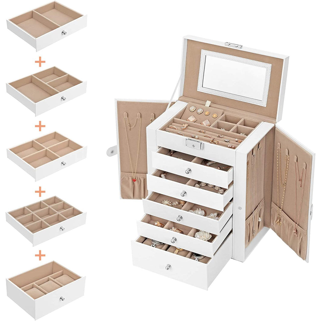 SONGMICS Ékszertartó doboz 5 fiókkal és tükörrel, fehér 26x15x32cm – 2. kép