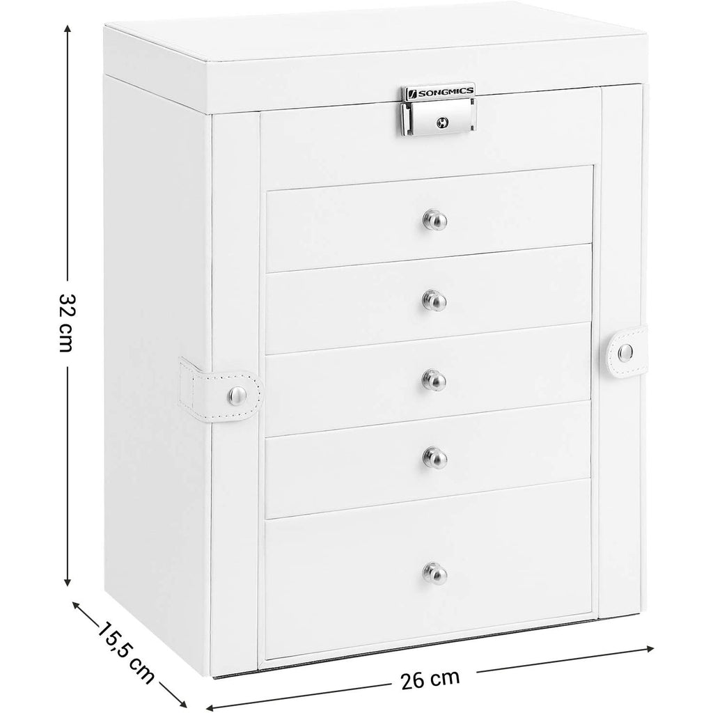 SONGMICS Ékszertartó doboz 5 fiókkal és tükörrel, fehér 26x15x32cm – 3. kép