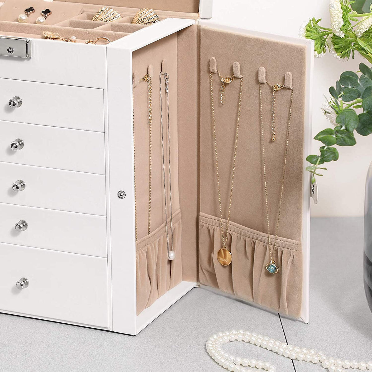 SONGMICS Ékszertartó doboz 5 fiókkal és tükörrel, fehér 26x15x32cm – 6. kép