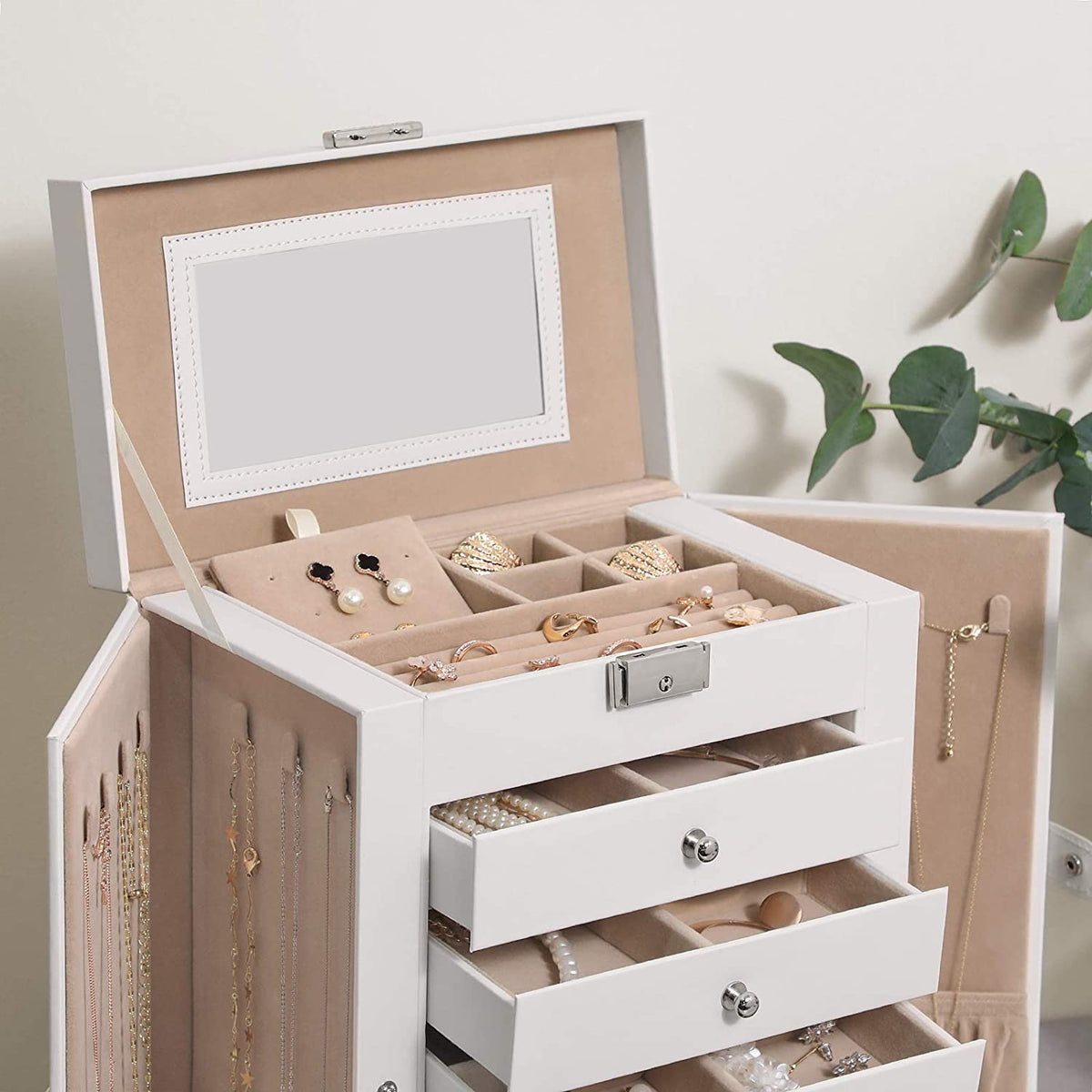 SONGMICS Ékszertartó doboz 5 fiókkal és tükörrel, fehér 26x15x32cm – 8. kép