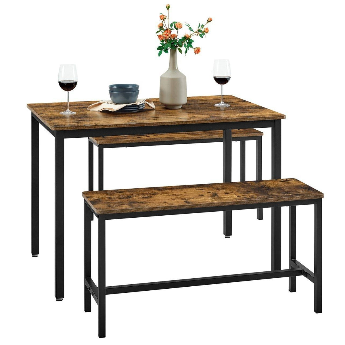 VASAGLE Étkezőasztal két paddal, rusztikus barna 110x70x75cm – 1. kép