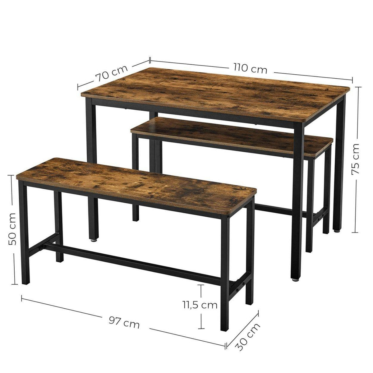 VASAGLE Étkezőasztal két paddal, rusztikus barna 110x70x75cm – 3. kép