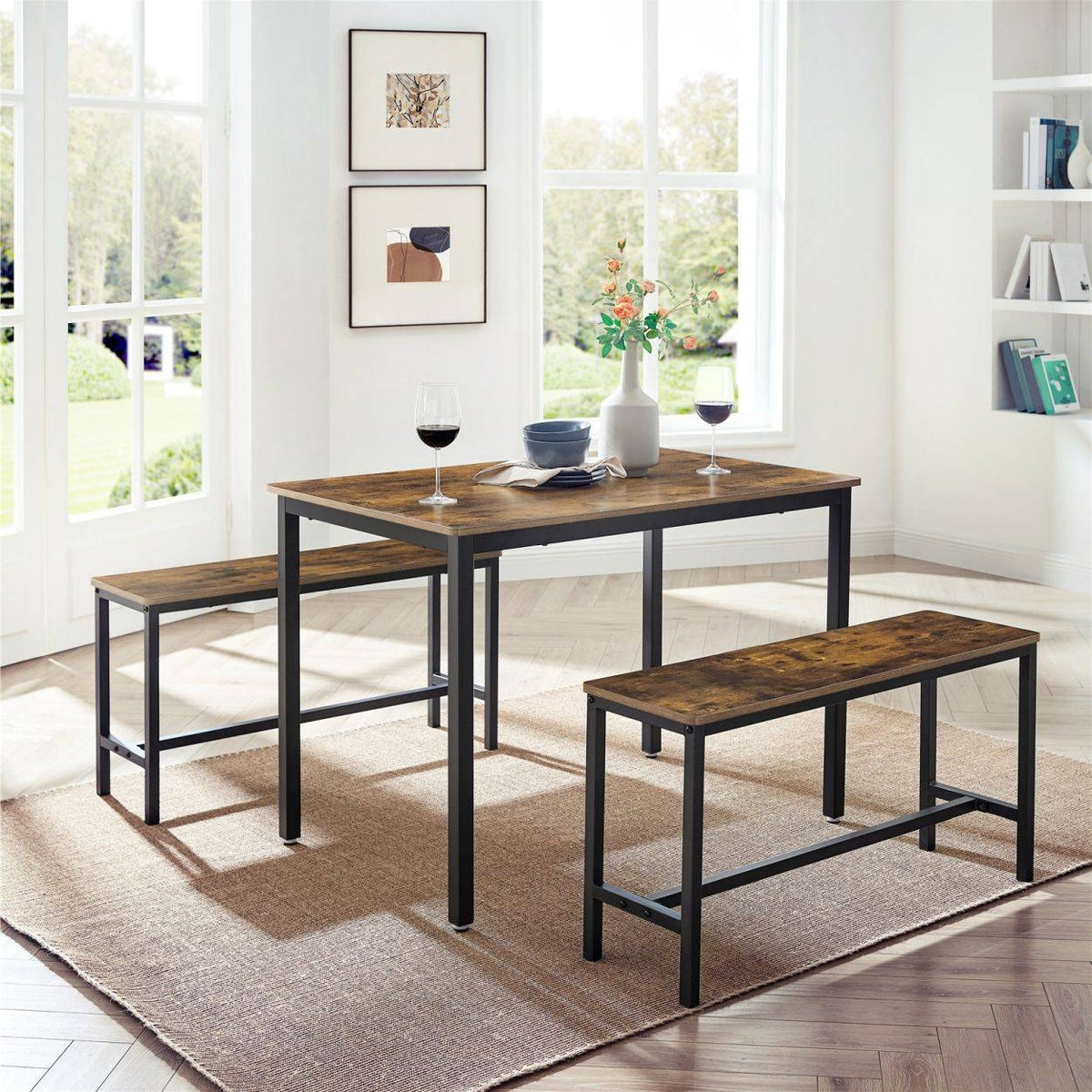 VASAGLE Étkezőasztal két paddal, rusztikus barna 110x70x75cm – 5. kép