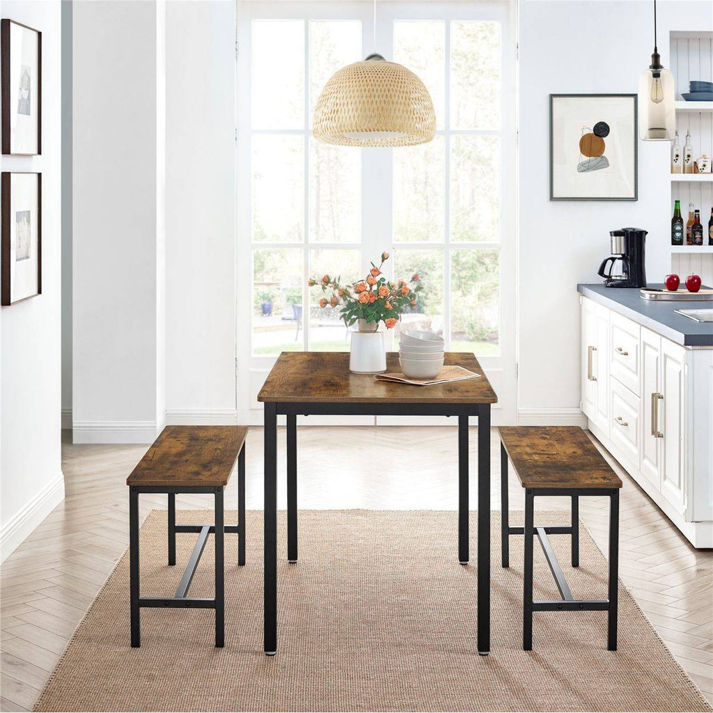 VASAGLE Étkezőasztal két paddal, rusztikus barna 110x70x75cm – 6. kép