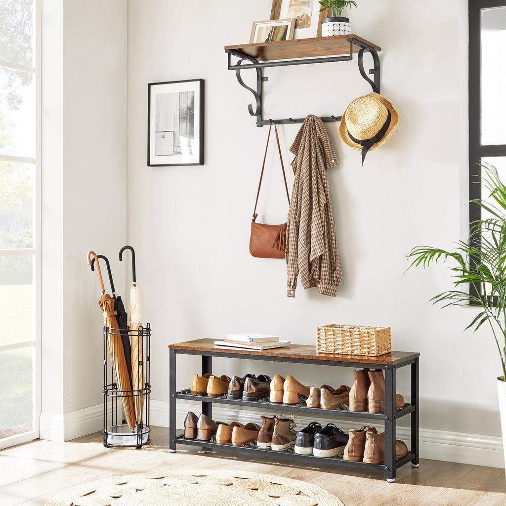 VASAGLE Cipőtároló pad két tároló szinttel, rusztikus barna 100x30x45cm – 3. kép