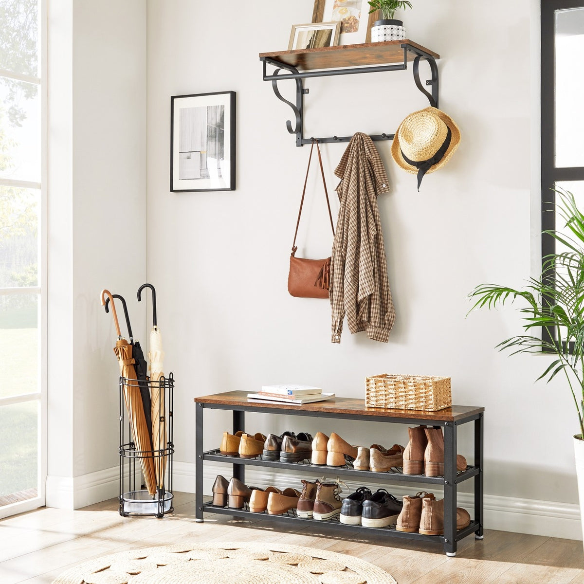 VASAGLE Cipőtároló pad két tároló szinttel, rusztikus barna 100x30x45cm – 3. kép