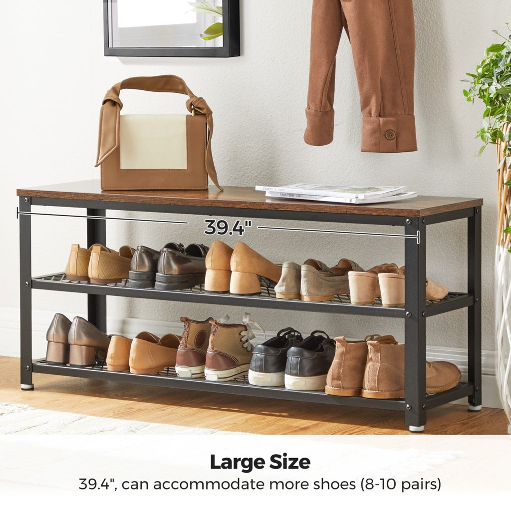 VASAGLE Cipőtároló pad két tároló szinttel, rusztikus barna 100x30x45cm – 6. kép
