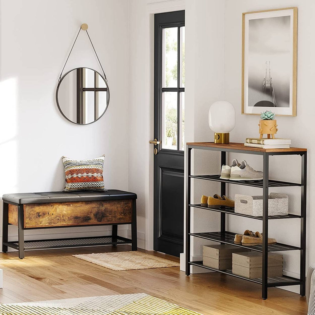 VASAGLE Cipőtároló polc 4 fém hálós polccal, rusztikus barna 100x30x92cm – 5. kép