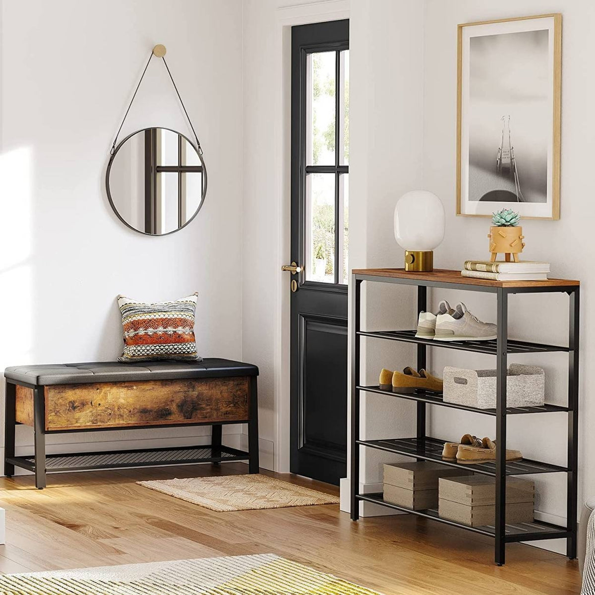 VASAGLE Cipőtároló polc 4 fém hálós polccal, rusztikus barna 100x30x92cm – 5. kép