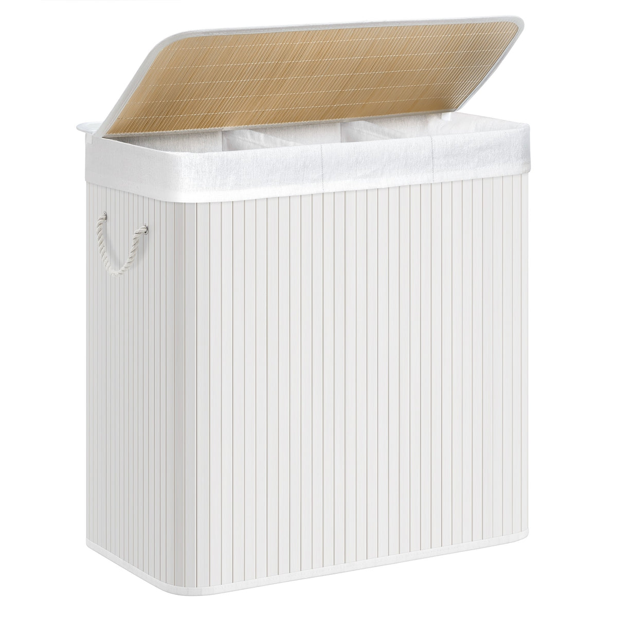 SONGMICS Bambusz kosár szennyestartó 3 rekeszes 3x50L, fehér – 1. kép
