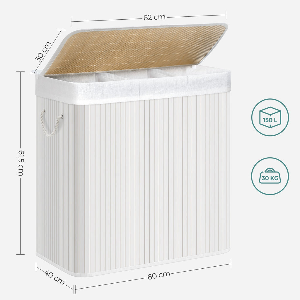 SONGMICS Bambusz kosár szennyestartó 3 rekeszes 3x50L, fehér – 3. kép