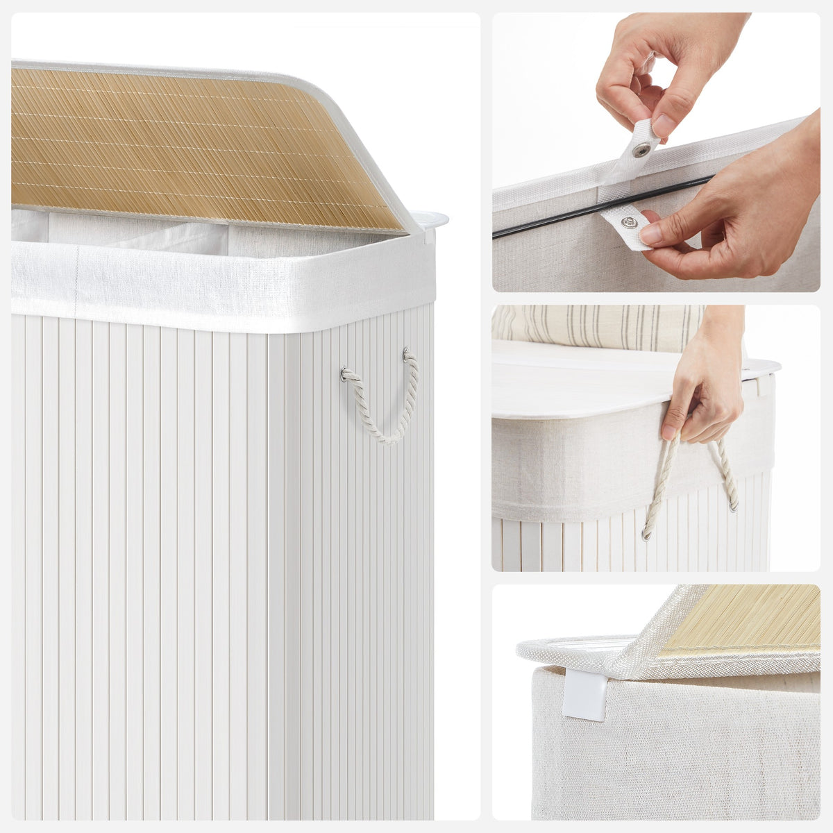 SONGMICS Bambusz kosár szennyestartó 3 rekeszes 3x50L, fehér – 4. kép