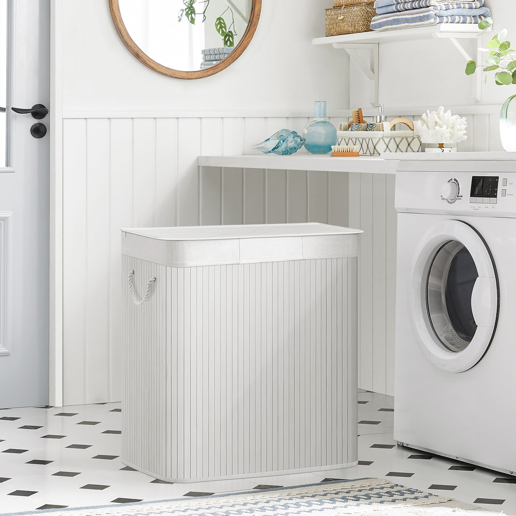 SONGMICS Bambusz kosár szennyestartó 3 rekeszes 3x50L, fehér – 5. kép