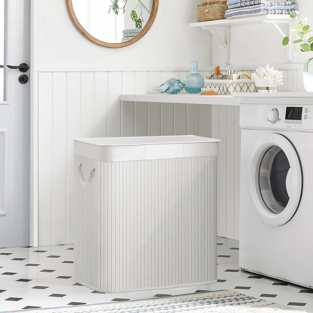 SONGMICS Bambusz kosár szennyestartó 3 rekeszes 3x50L, fehér – 5. kép