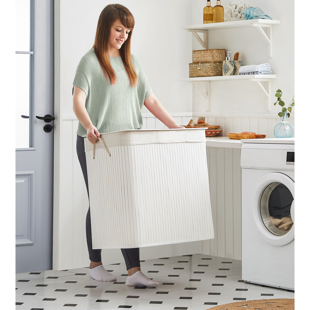 SONGMICS Bambusz kosár szennyestartó 3 rekeszes 3x50L, fehér – 6. kép