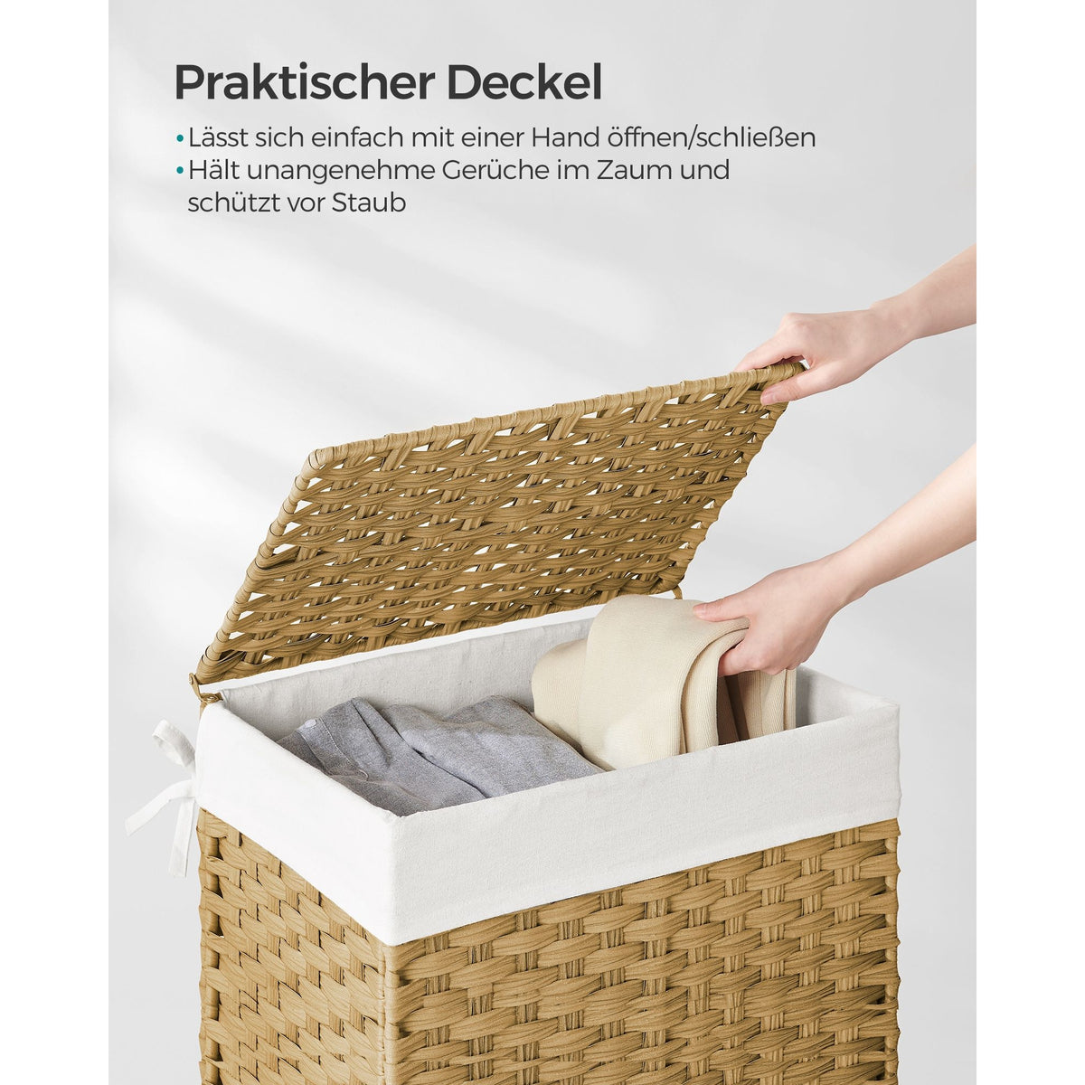 SONGMICS Kézzel fonott rattan szennyeskosár, összecsukható, kivehető zsákkal 90L, sárga – 3. kép
