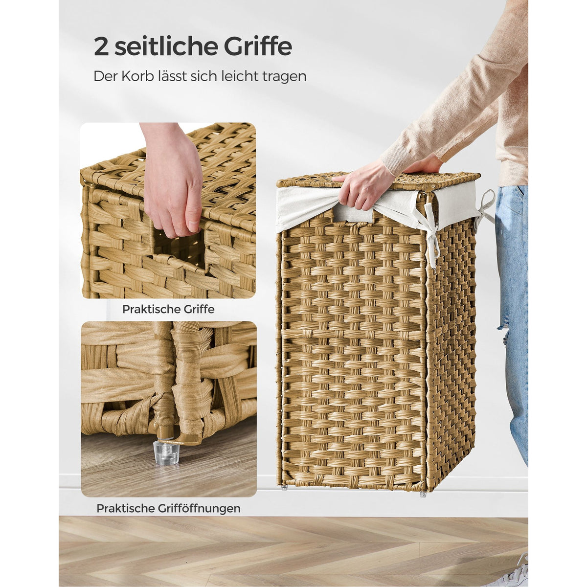 SONGMICS Kézzel fonott rattan szennyeskosár, összecsukható, kivehető zsákkal 90L, sárga – 4. kép
