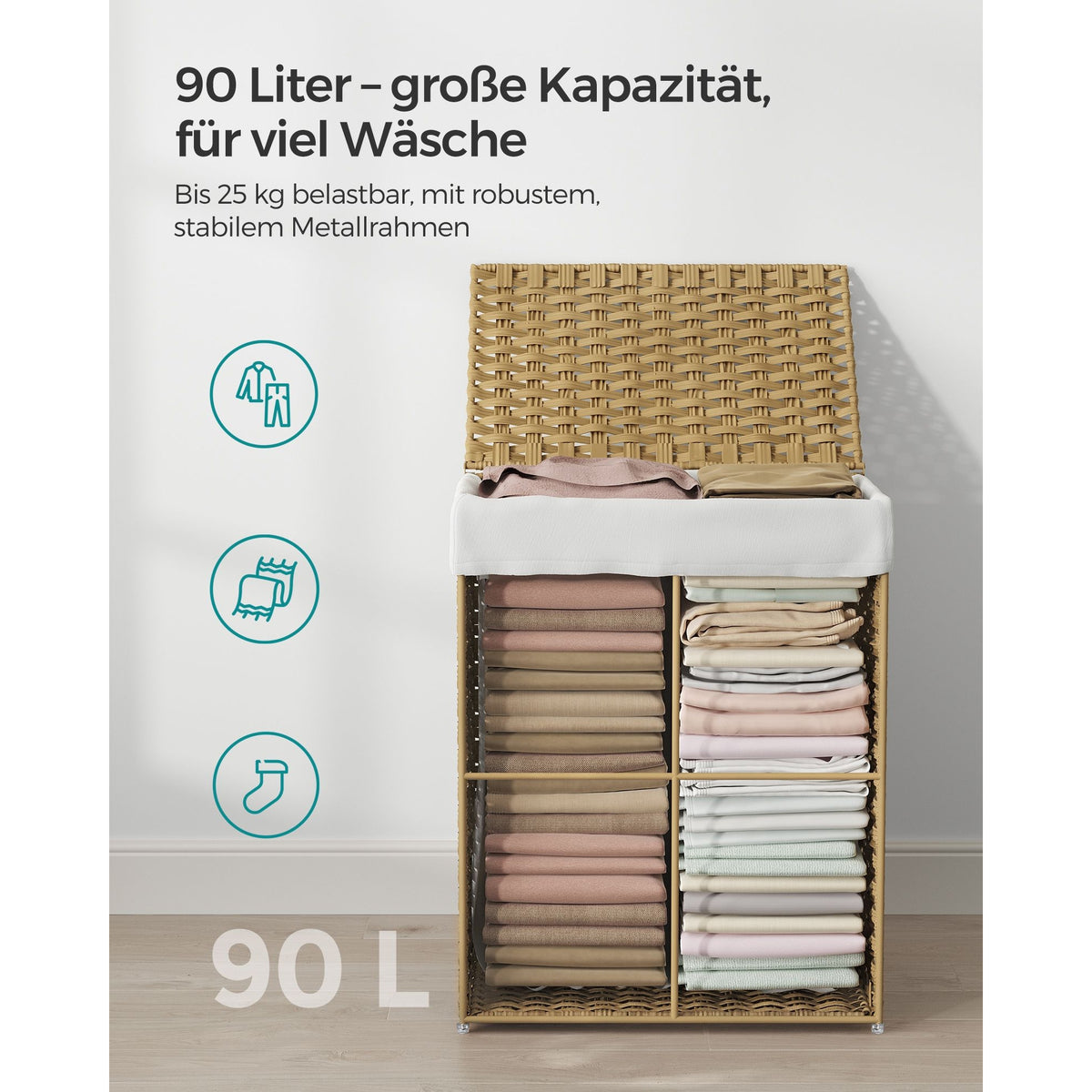 SONGMICS Kézzel fonott rattan szennyeskosár, összecsukható, kivehető zsákkal 90L, sárga – 5. kép