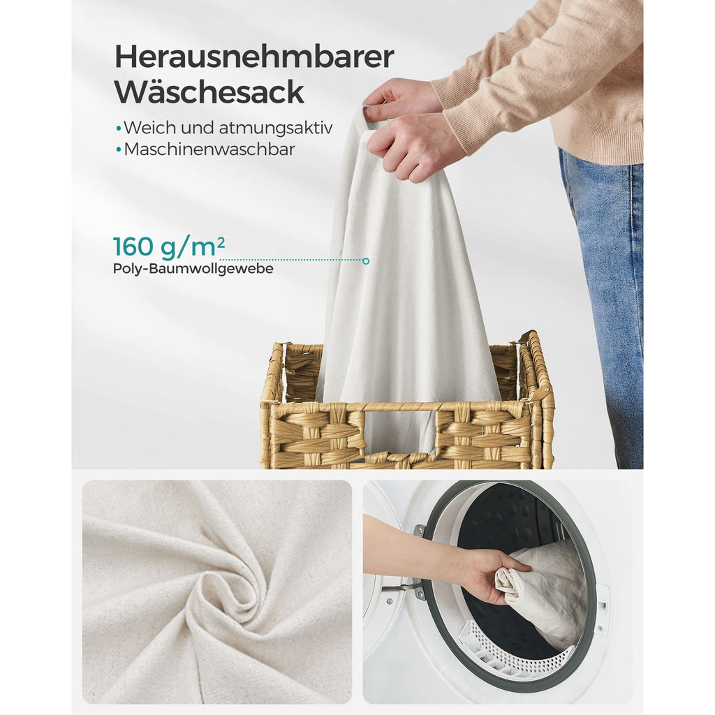 SONGMICS Kézzel fonott rattan szennyeskosár, összecsukható, kivehető zsákkal 90L, sárga – 6. kép