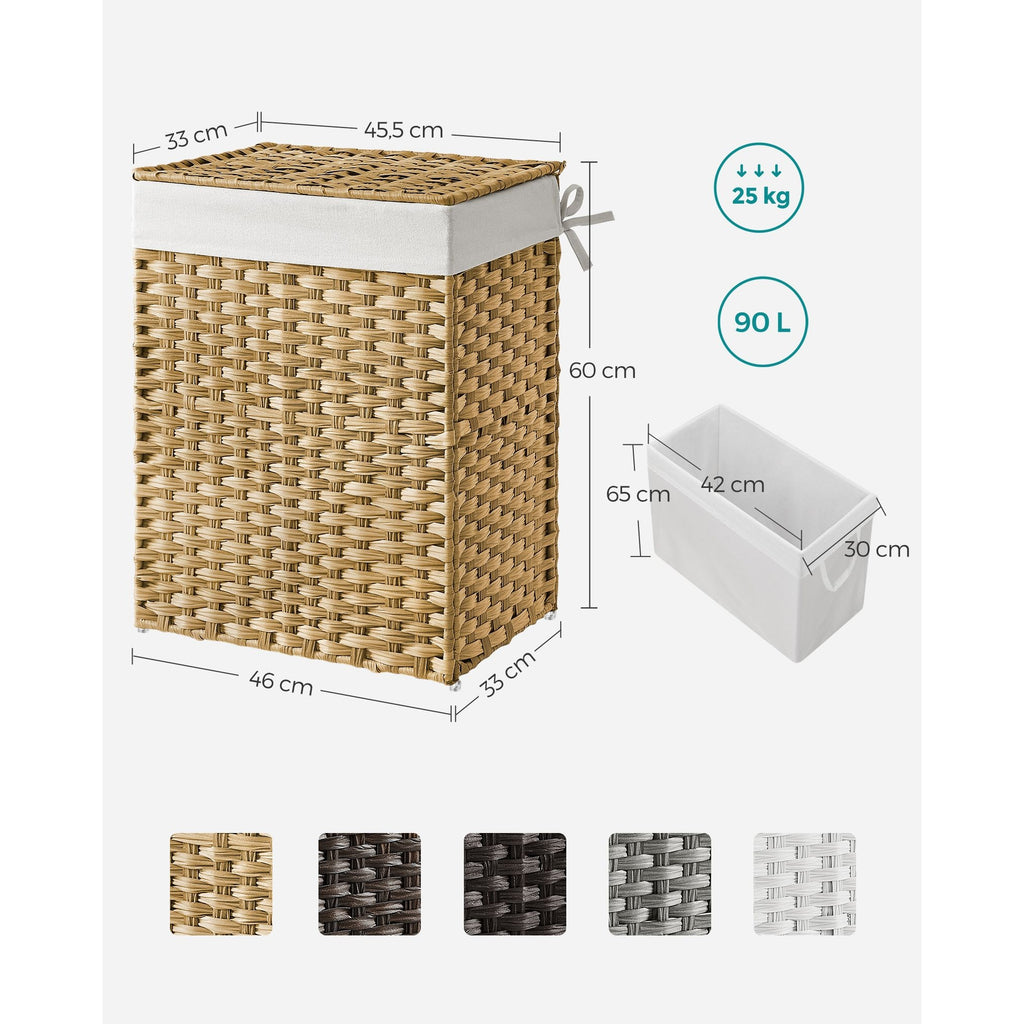 SONGMICS Kézzel fonott rattan szennyeskosár, összecsukható, kivehető zsákkal 90L, sárga – 7. kép