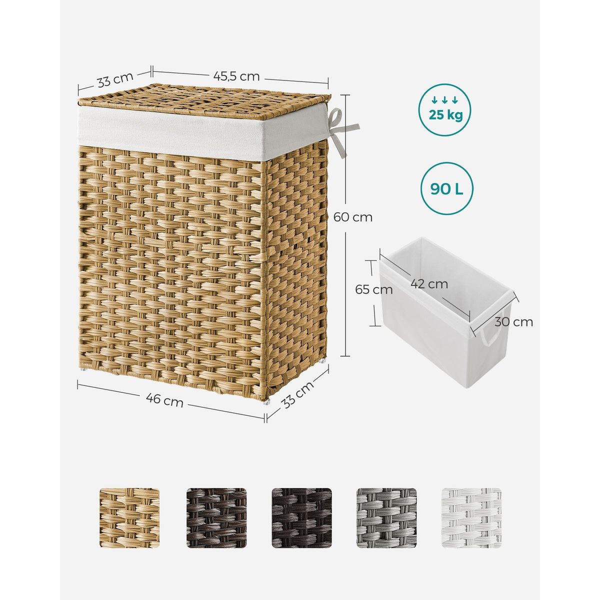 SONGMICS Kézzel fonott rattan szennyeskosár, összecsukható, kivehető zsákkal 90L, sárga – 7. kép