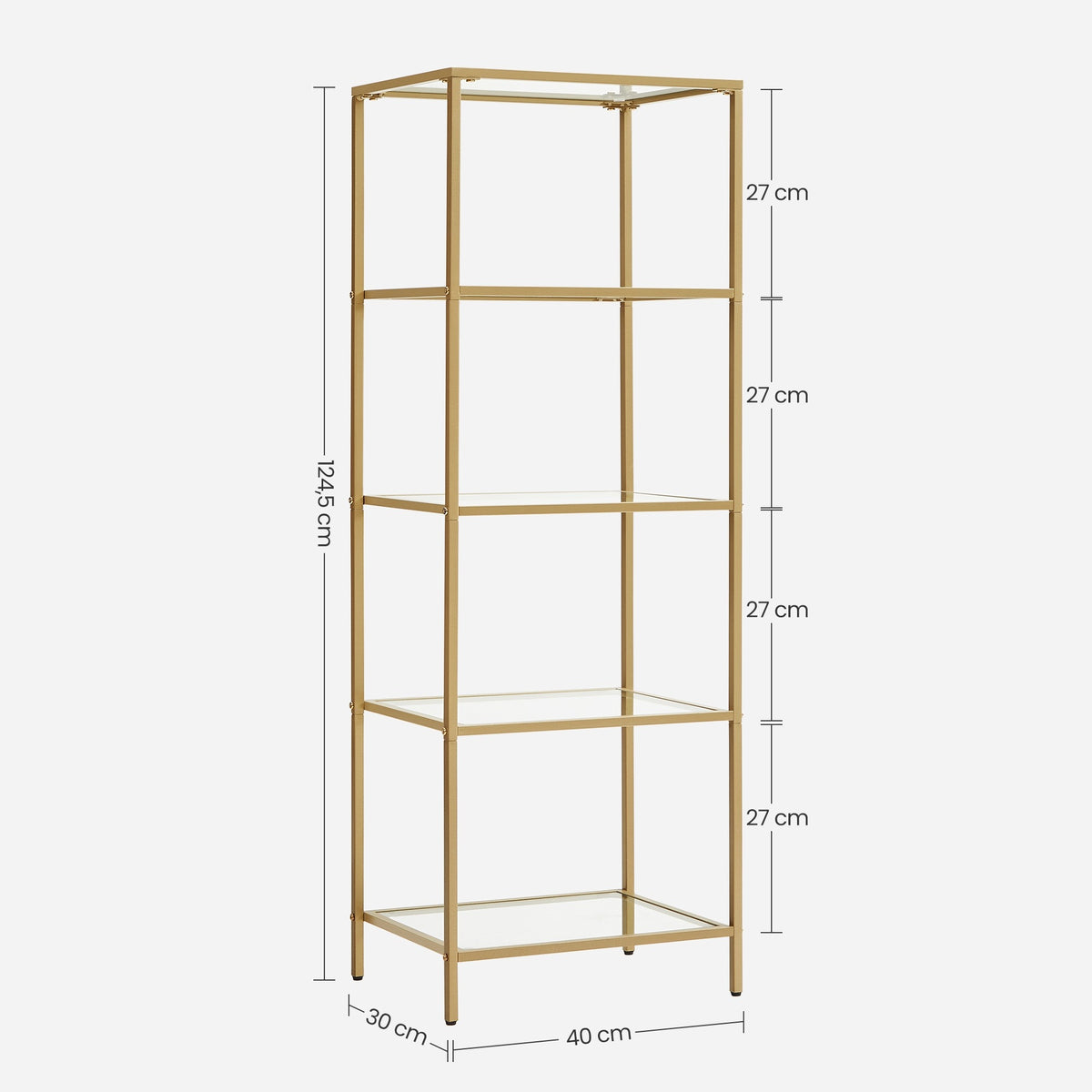 VASAGLE Fém tároló állvány üvegpolcokkal fürdőszobába, konyhába, arany 40x30x124cm – 3. kép