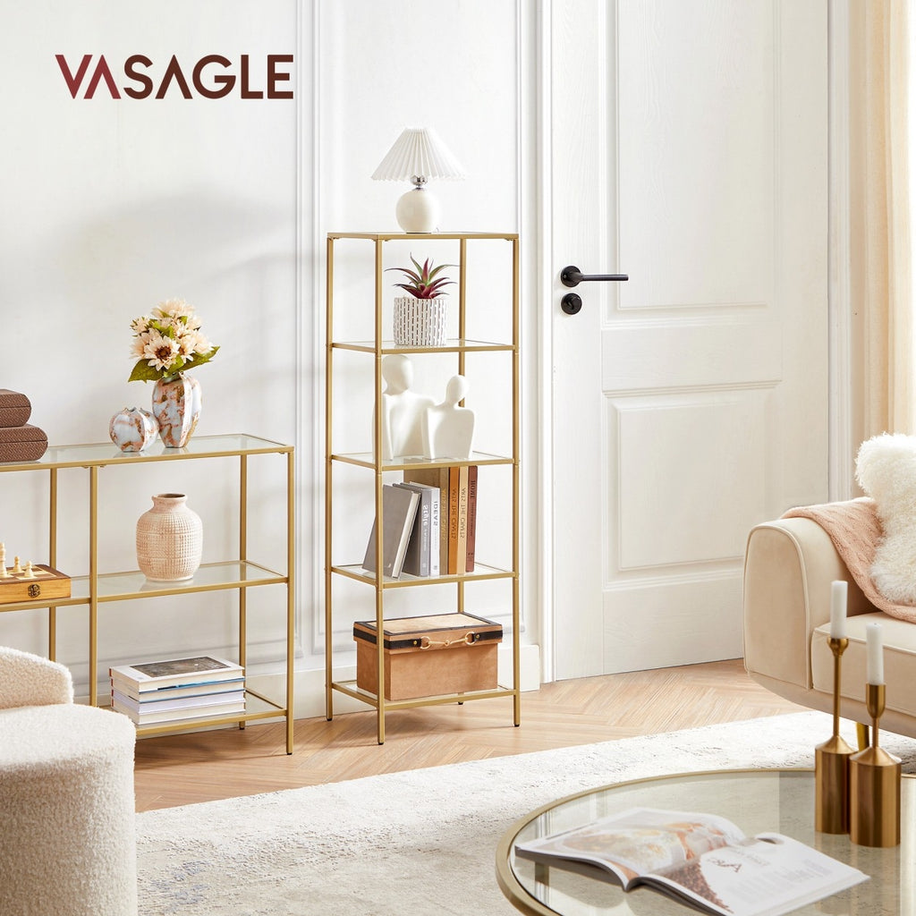 VASAGLE Fém tároló állvány üvegpolcokkal fürdőszobába, konyhába, arany 40x30x124cm – 6. kép