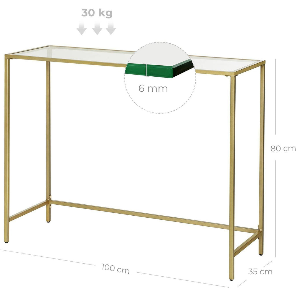 VASAGLE Konzolasztal fém vázzal edzett üveglappal, arany 100x35x80cm – 3. kép