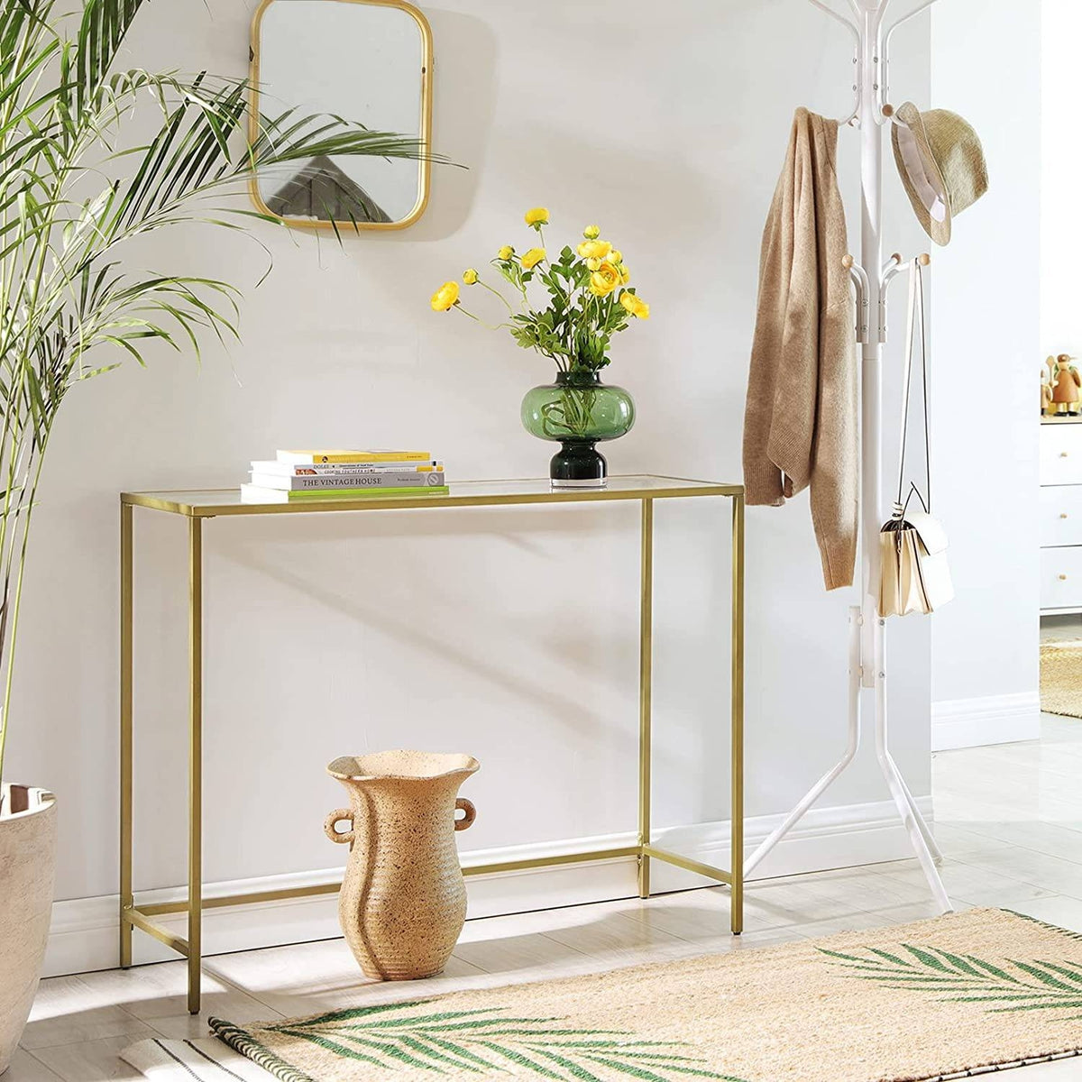 VASAGLE Konzolasztal fém vázzal edzett üveglappal, arany 100x35x80cm – 4. kép