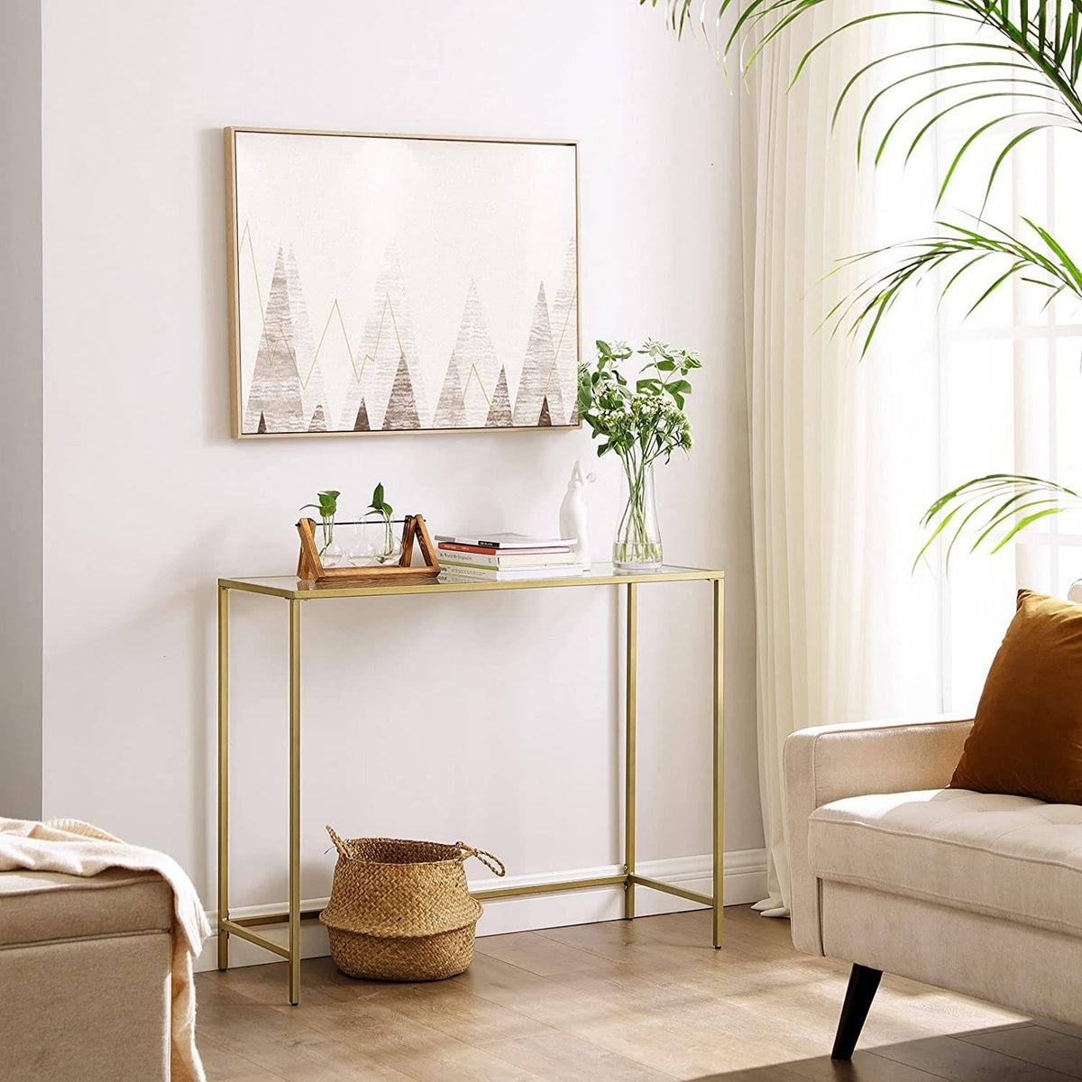 VASAGLE Konzolasztal fém vázzal edzett üveglappal, arany 100x35x80cm – 5. kép